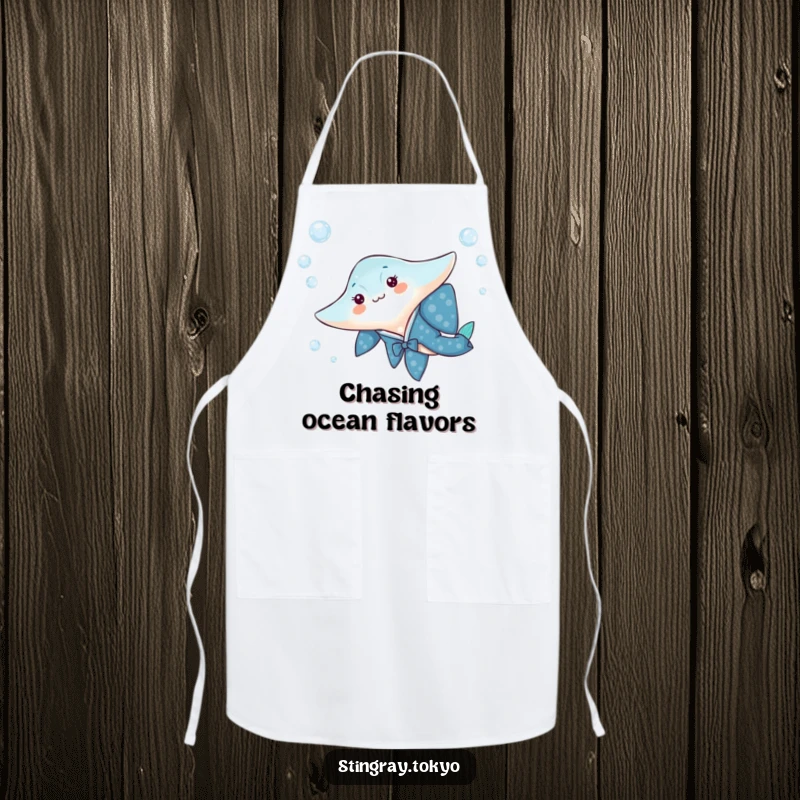 Funny apron featuring a stingray in a blue kimono gliding through water bubbles, perfect for kitchen fun.