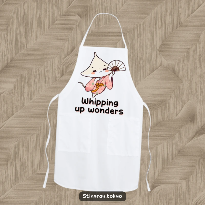 Funny apron featuring a stingray in a floral kimono gracefully spinning a fan, perfect for kitchen elegance.