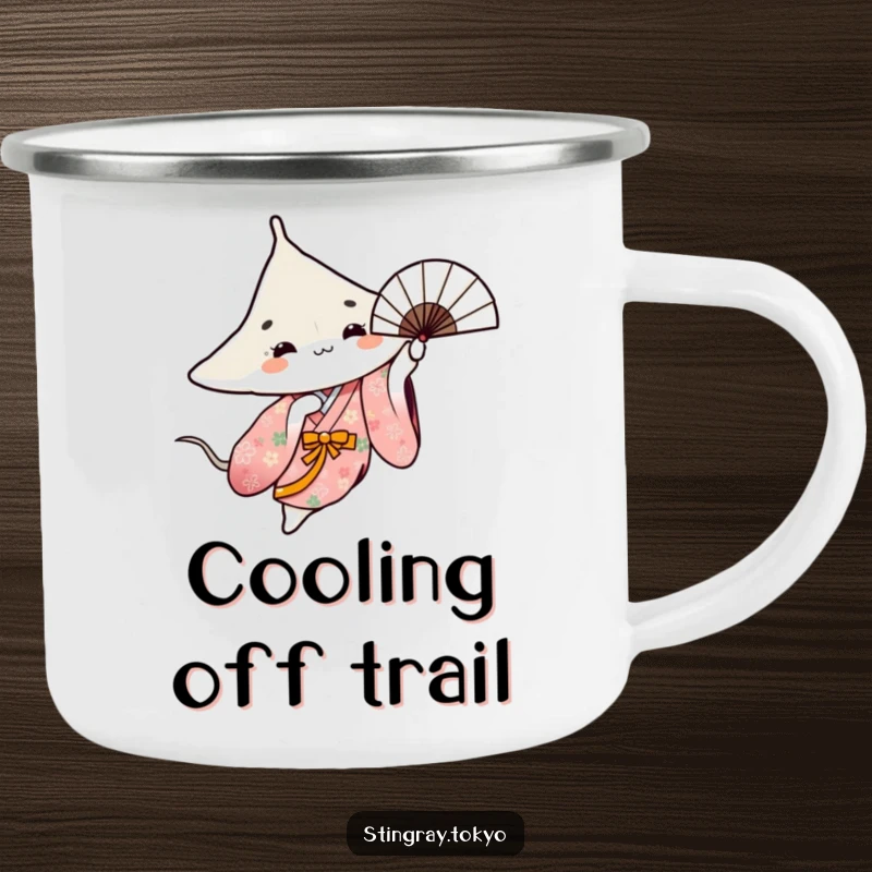 Funny camping mug with a stingray in a floral kimono gracefully spinning a fan, perfect for outdoor elegance.