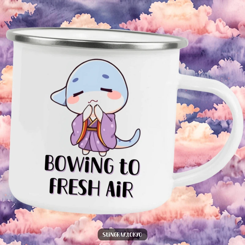 Funny stingray in a purple kimono with eyes closed bowing gently, perfect outdoor funny gift.