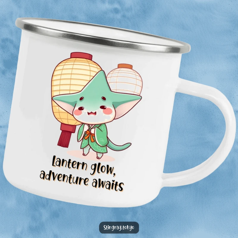 Funny stingray in a green kimono peeking playfully from behind a paper lantern, perfect rugged funny gift.