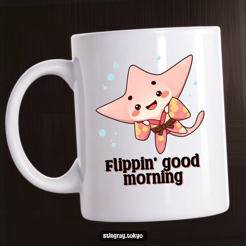 Funny stingray mug featuring a playful sea creature in a colorful kimono doing a happy flip underwater, full of aquatic excitement.
