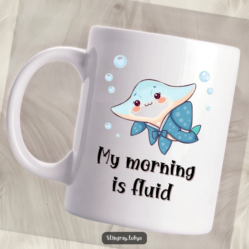 Funny stingray mug with a stingray in a vibrant blue kimono gliding joyfully through water bubbles, elegant and playful.