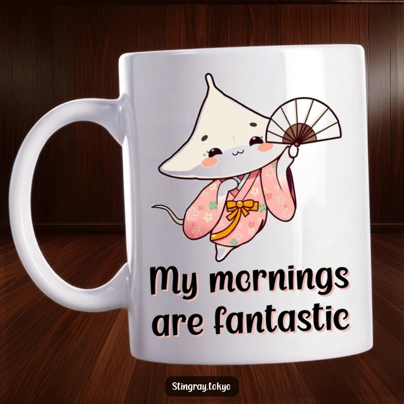 Funny stingray mug with a stingray in a floral kimono gracefully spinning a fan, elegant and artistic ocean creature.