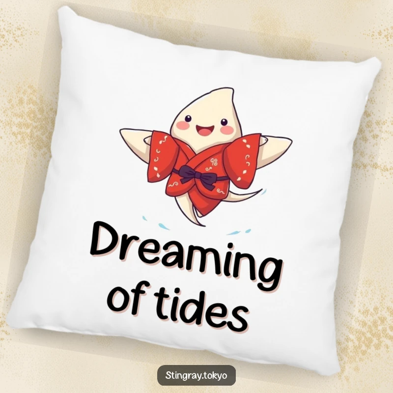 Funny stingray pillow featuring a joyful sea creature in a red kimono, contentedly paddling, perfect for adding soft, humorous decor.