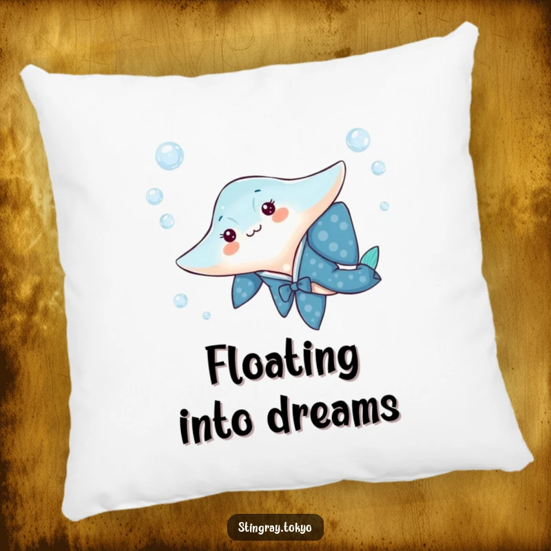 Funny pillow with a stingray in a blue kimono swimming through water bubbles, adding comfort and aquatic charm.