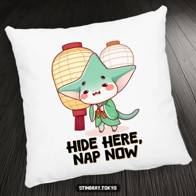Funny stingray in a green kimono peeking playfully from behind a paper lantern, cozy funny gift accent.