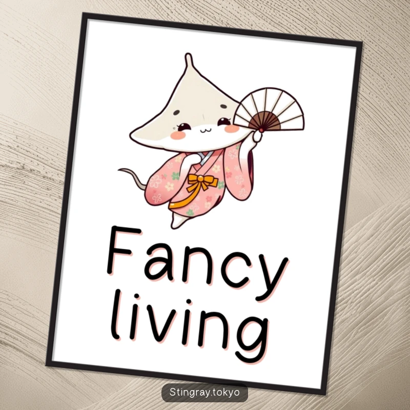 Funny digital art print of a stingray in a floral kimono gracefully spinning a fan, elegant and artistic.