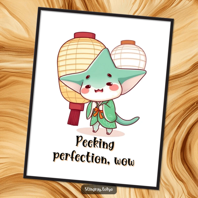 Funny stingray in a green kimono peeking playfully from behind a large paper lantern, instant funny digital art.
