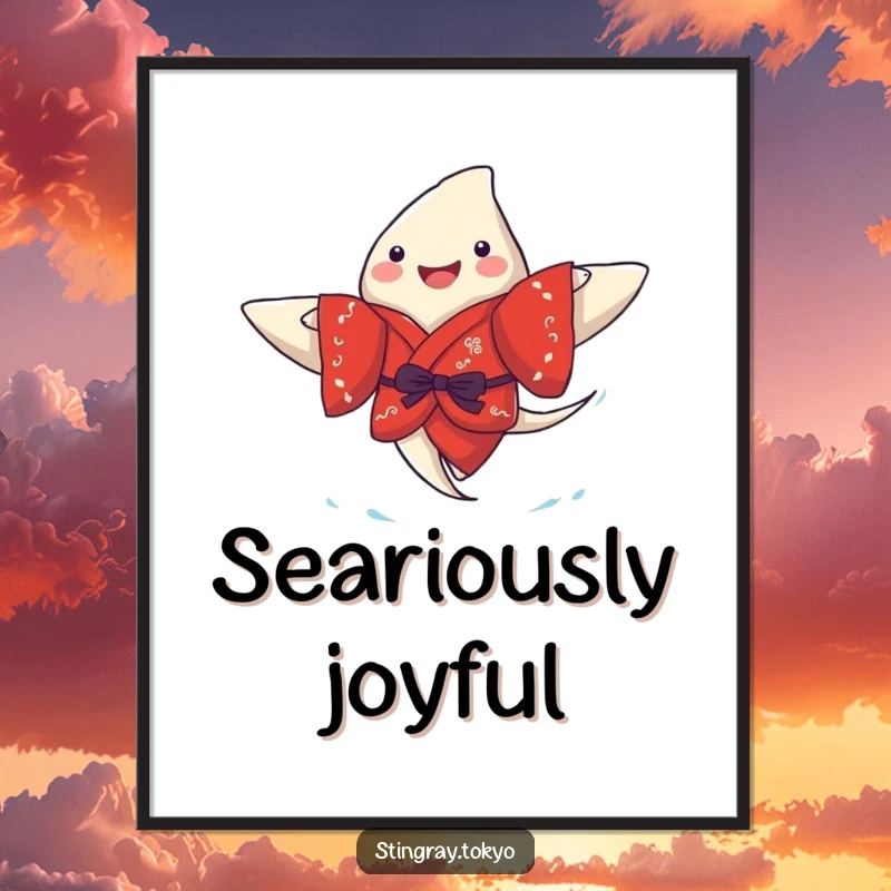 Funny stingray digital art print of a joyful sea creature wearing a red kimono, paddling merrily, offering instant whimsical underwater decor.