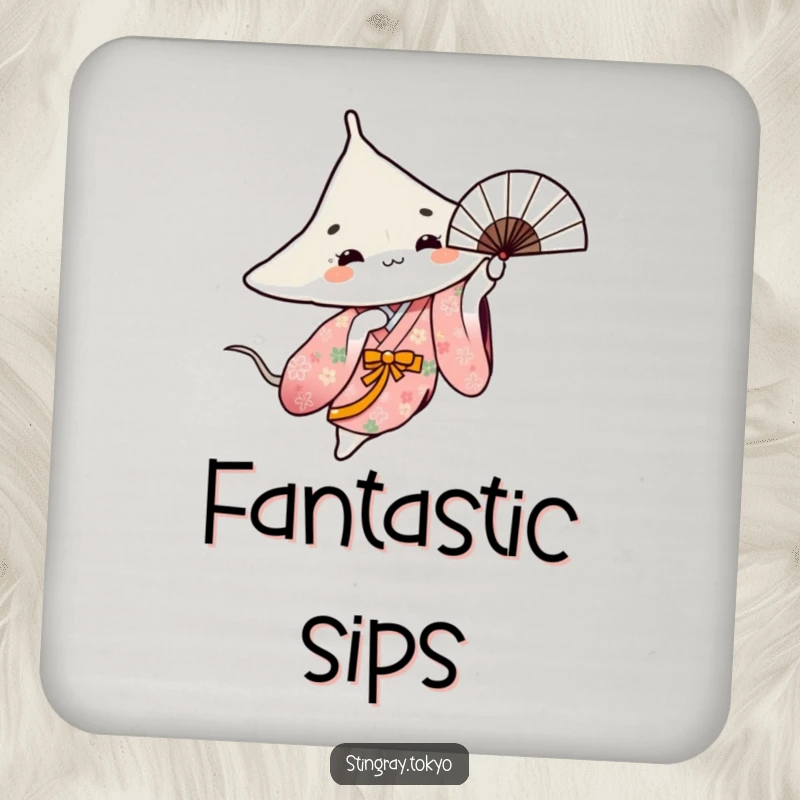 Funny drink coaster with a stingray in a floral kimono gracefully spinning a fan, protecting surfaces with style.