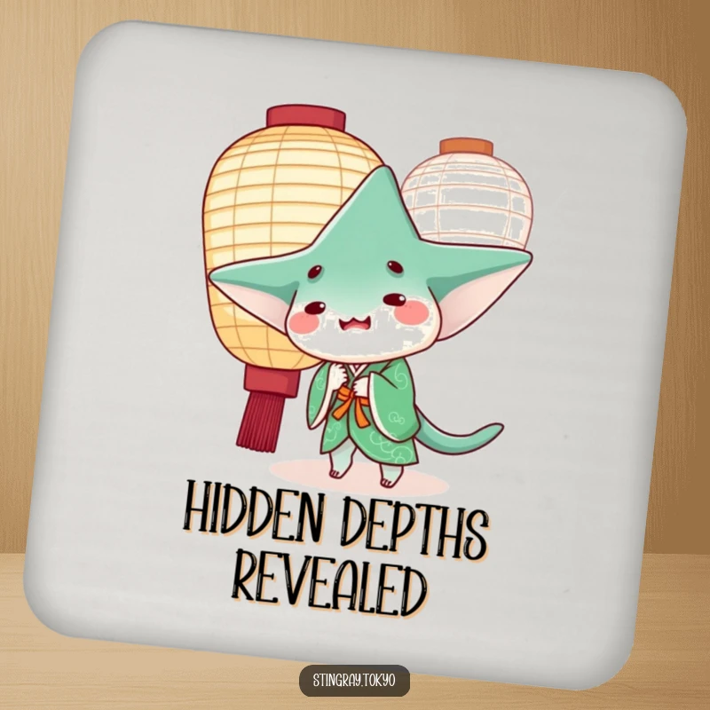 Funny stingray wearing a green kimono peeking from behind a paper lantern, ideal for a funny gift set.