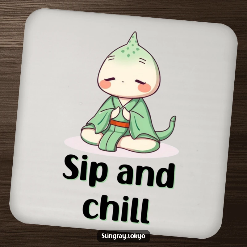 Funny stingray drink coaster featuring a serene sea creature in a green kimono meditating peacefully underwater, adding tranquil marine charm.