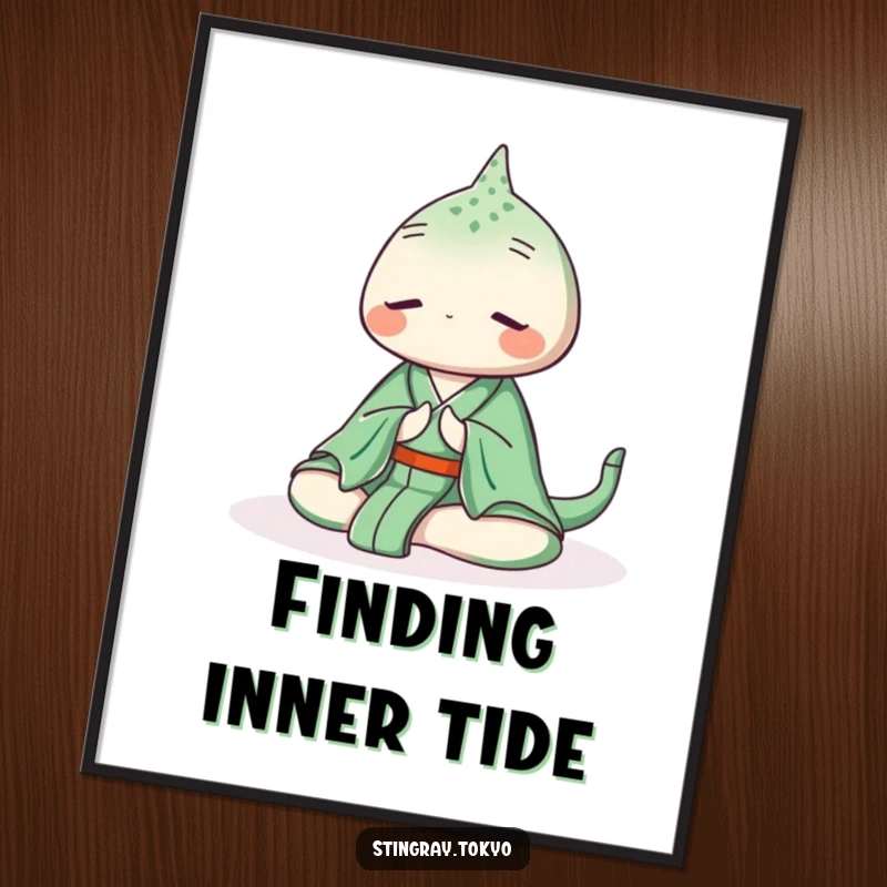 Funny stingray poster print of a serene sea creature in a green kimono meditating peacefully underwater, adding tranquil marine art to walls.