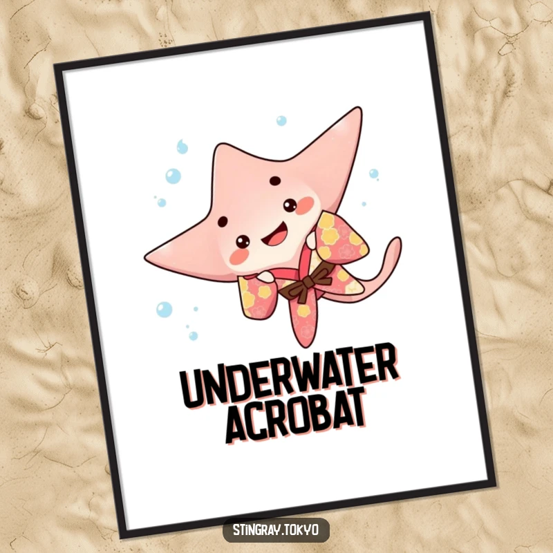 Funny stingray poster print of a playful sea creature in a colorful kimono performing an underwater flip, adding dynamic marine art.