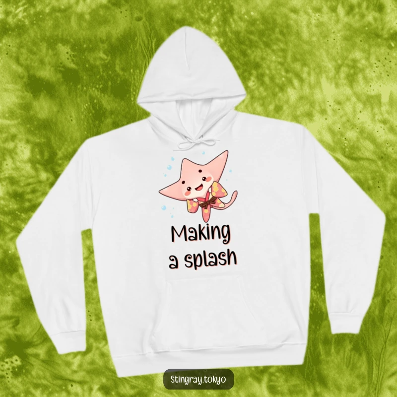 Funny stingray hoodie featuring a playful sea creature in a colorful kimono doing a happy flip underwater, perfect for cozy, adventurous comfort.