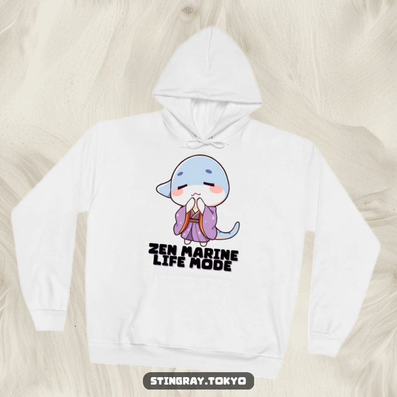 Funny stingray in a purple kimono with eyes closed performing a gentle bow, cozy and funny gift.