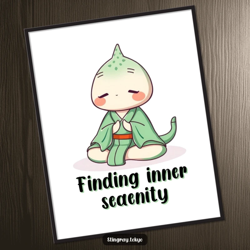 Funny Free Printable Wall Art: A stingray in a serene green kimono meditates peacefully, bringing calm to your room.