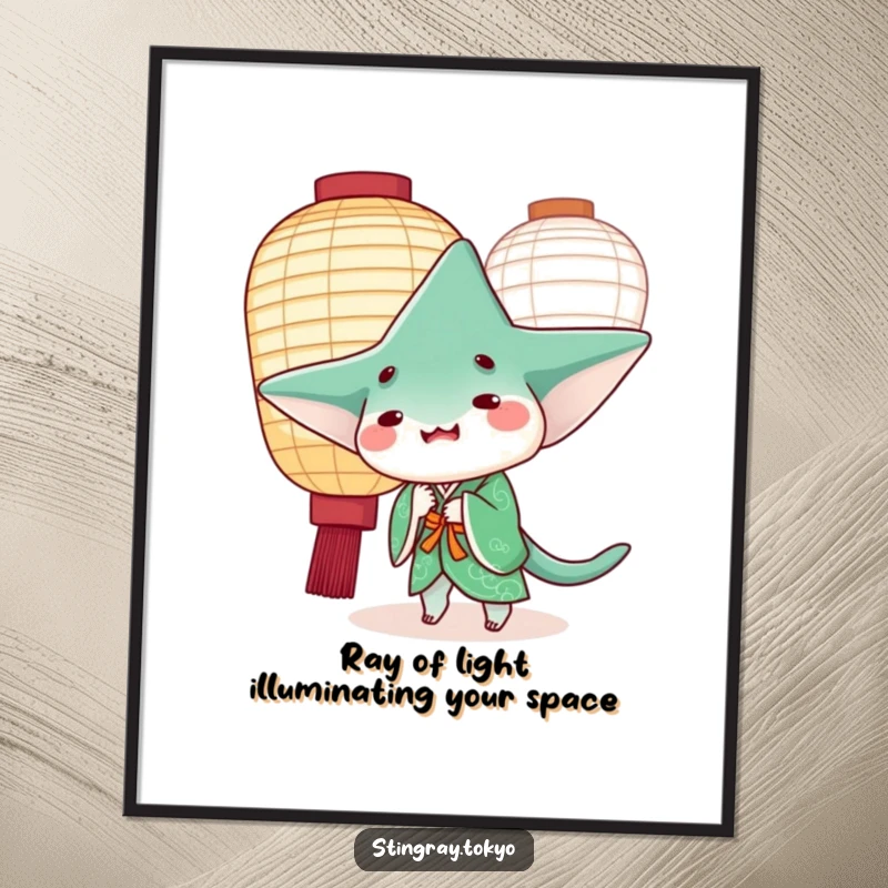 Funny Free Printable Wall Art: A stingray in a green kimono peeks playfully from behind a paper lantern, adding whimsical charm.