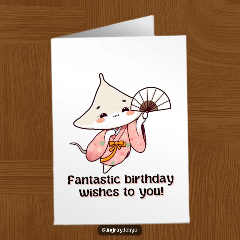 Funny Free Printable Birthday Card: A stingray in a floral kimono gracefully spins a fan, celebrating with artistry.