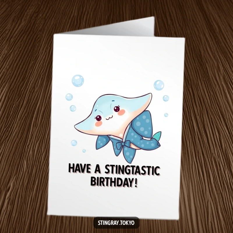 Funny Free Printable Birthday Card: A stingray in a blue kimono playfully glides through water bubbles, celebrating joyfully.