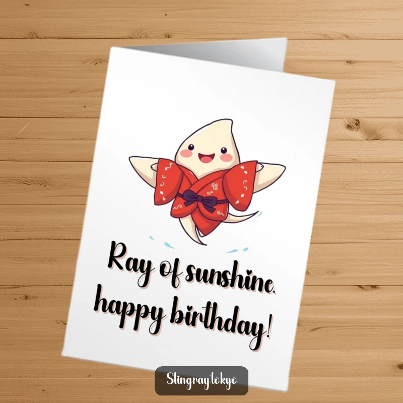 Funny Free Printable Birthday Card: A joyful stingray dons a red kimono, paddling merrily through the water.
