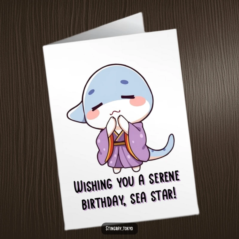 Funny Free Printable Birthday Card: A stingray in a purple kimono with eyes closed performs a gentle bow, conveying birthday wishes.