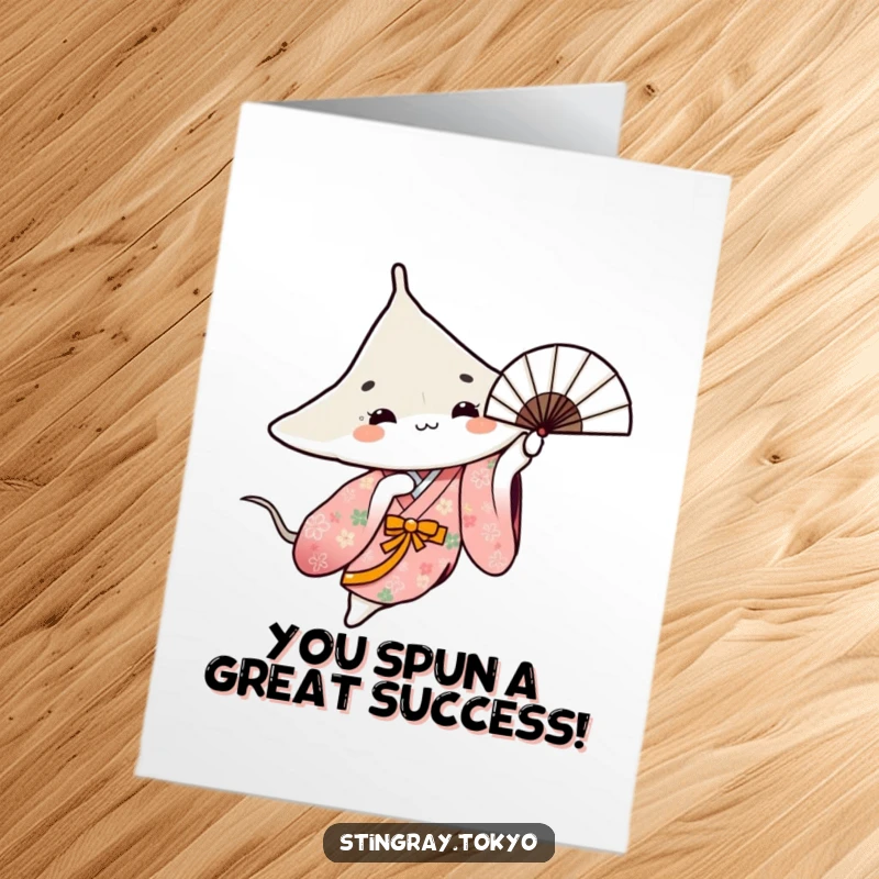 Funny Free Printable Congratulations Card: A stingray in a floral kimono elegantly spins a fan, celebrating accomplishments with grace.