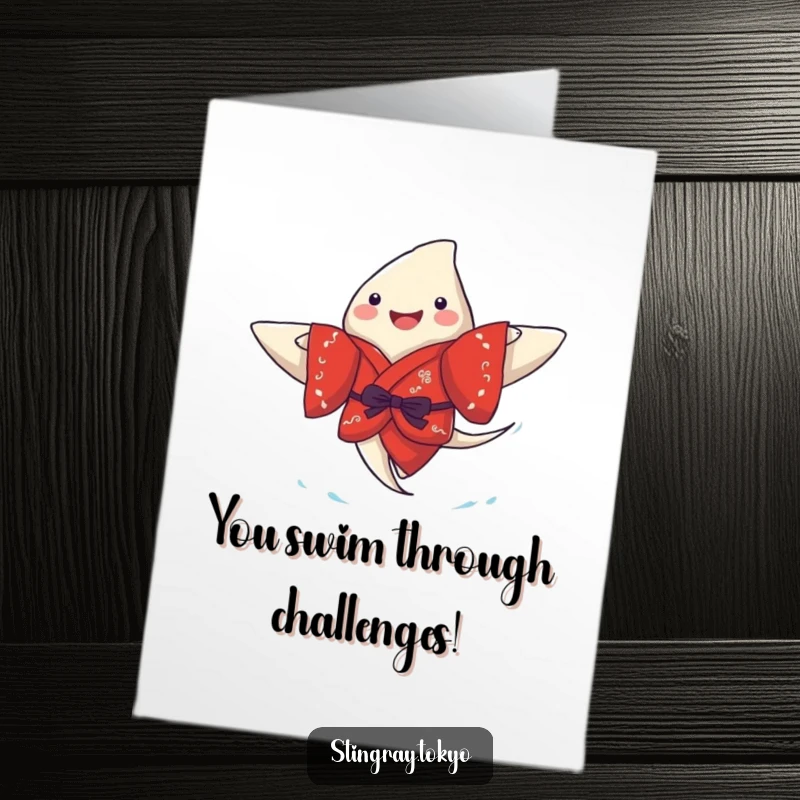 Funny Free Printable Congratulations Card: A happy stingray in a red kimono paddles joyfully, celebrating your win.