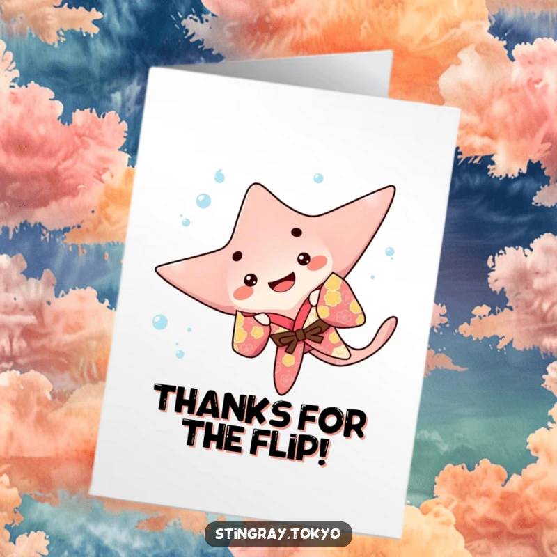 Funny Free Printable Thank You Card: A colourful stingray in a kimono does a happy flip, sending thanks underwater.