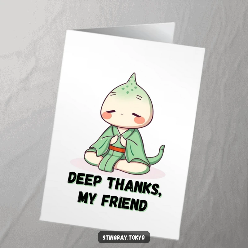 Funny Free Printable Thank You Card: A stingray in a serene green kimono sits in peaceful meditation, offering thanks.
