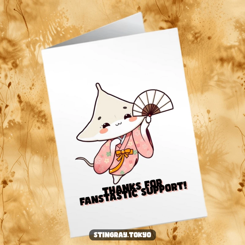 Funny Free Printable Thank You Card: A stingray in a floral kimono gracefully spins a fan, sending thanks with style.