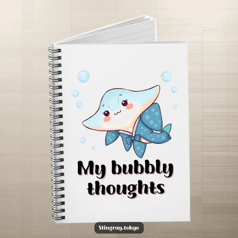 Funny notebook with a stingray in a blue kimono gliding through bubbles, ideal for jotting down elegant thoughts.