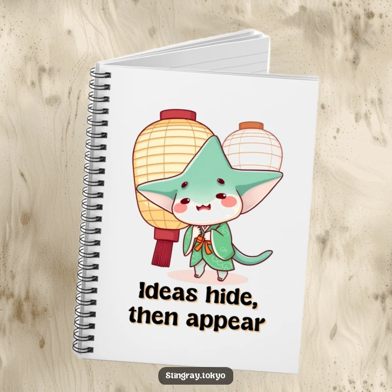 Funny stingray in a green kimono peeking playfully from behind a paper lantern, perfect for funny gift notes.