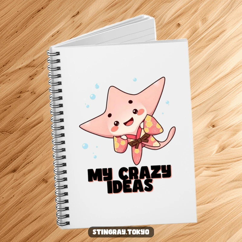 Funny stingray notebook showcasing a playful sea creature in a colorful kimono doing a happy underwater flip, ideal for writing with energy.