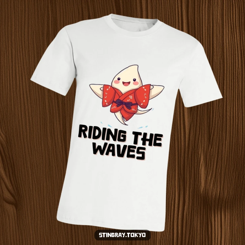 Funny stingray t-shirt with a joyful sea creature sporting a red kimono, paddling happily, perfect for beach vibes and marine life lovers.