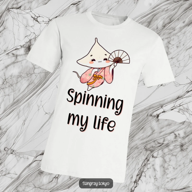 Funny t-shirt featuring a stingray wearing a floral kimono, gracefully spinning a fan with artistic flair.