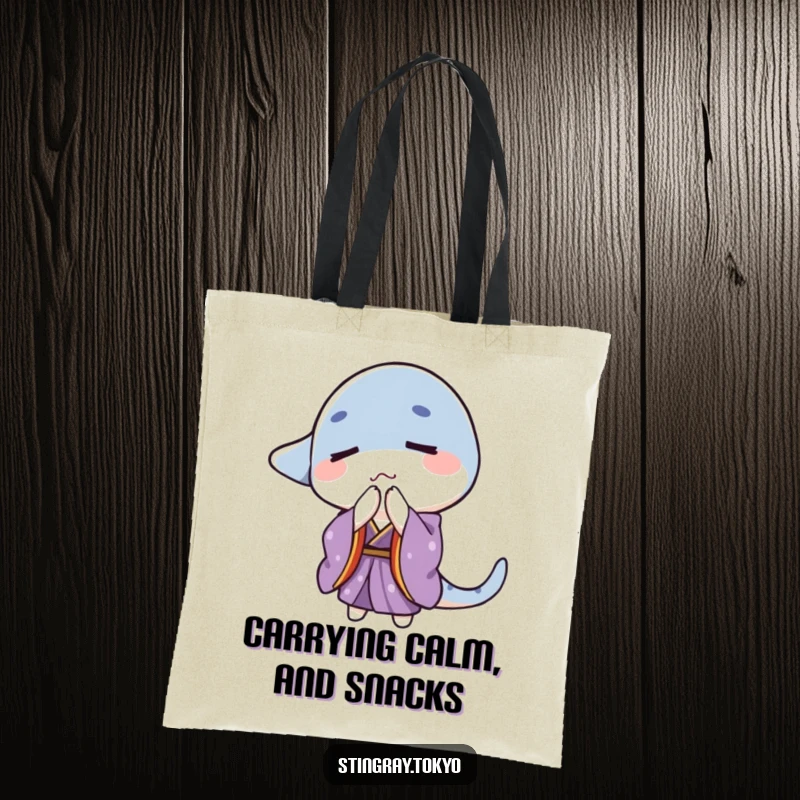 Funny stingray wearing a purple kimono with eyes closed bowing gently, perfect funny gift tote.