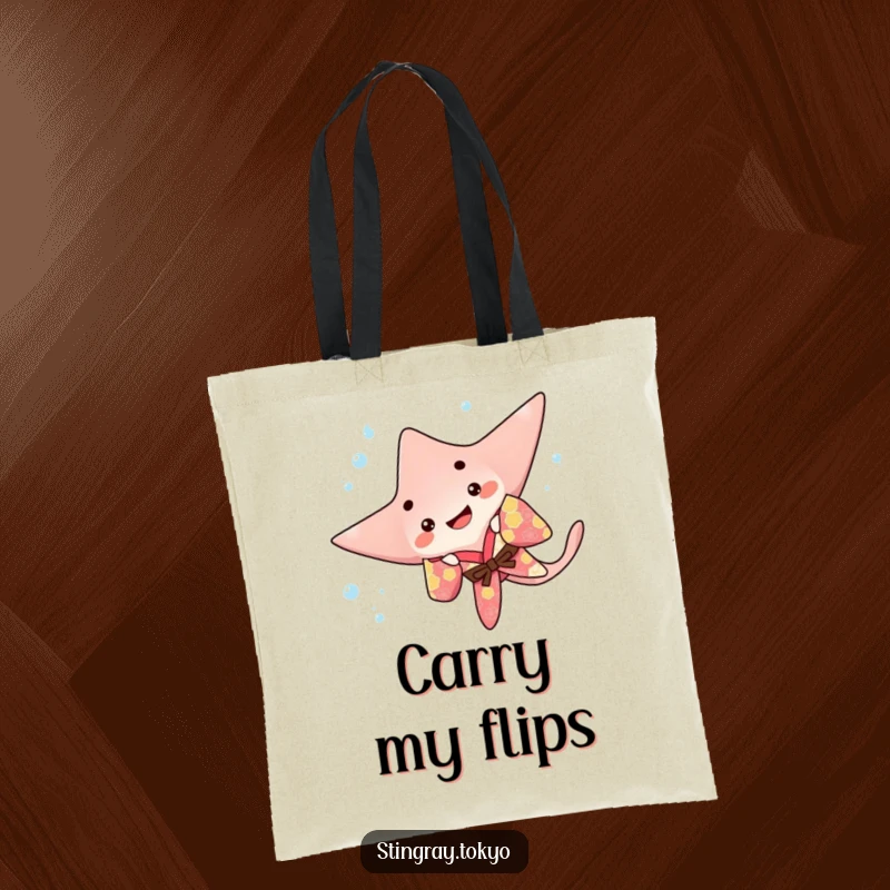 Funny stingray tote bag showing a playful sea creature in a colorful kimono doing a happy flip underwater, perfect for carrying items with flair.